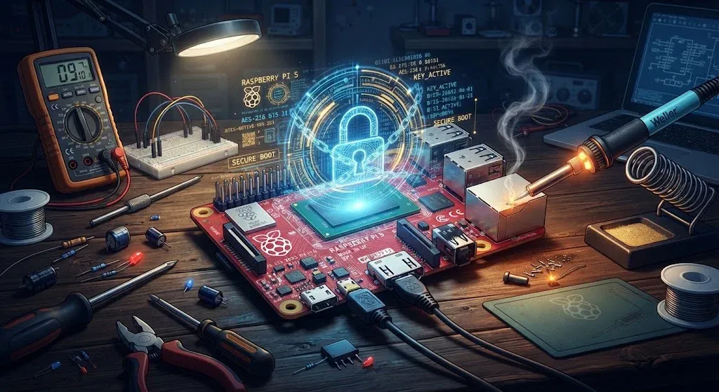 Une carte Raspberry Pi rouge posée sur un établi en bois, sous une lampe. Au-dessus de sa puce flotte un cadenas lumineux entouré de chaînes, avec les mentions « Secure Boot » et « Key_active ». Autour : multimètre, fer à souder, pinces, tournevis et composants.