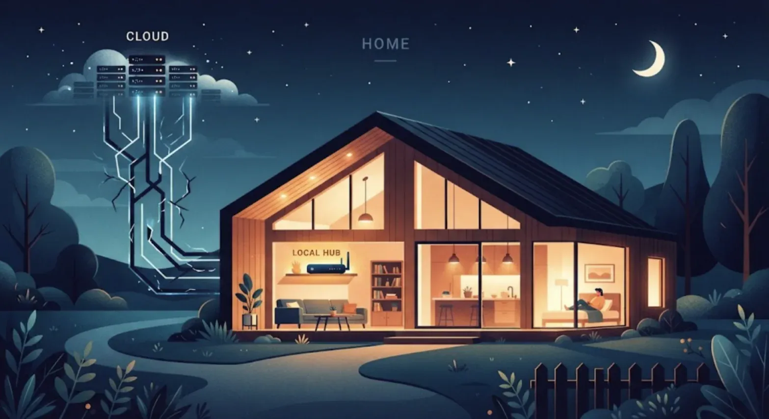 Une maison en bois éclairée la nuit. Dans le salon, un boîtier « local hub » posé sur une étagère ; à côté, une personne lit dans la chambre. À gauche, les câbles qui relient la maison à des serveurs dans un nuage se fissurent.