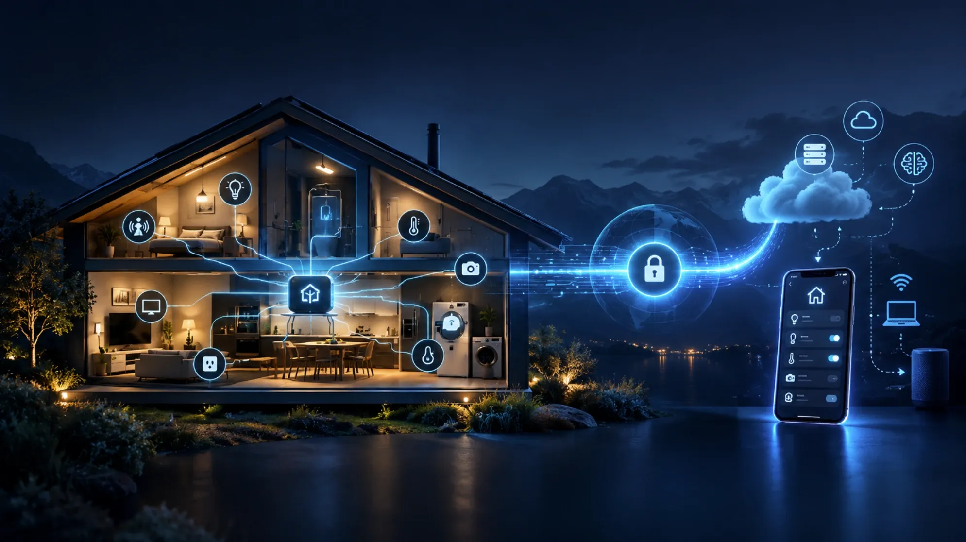 Une maison en coupe, la nuit, au bord d'un lac de montagne. Au centre, un boîtier domotique relié aux lampes, capteurs, prises et caméras. Vers la droite, un faisceau lumineux traverse un cadenas et rejoint un nuage, un téléphone qui affiche l'application et une enceinte connectée.