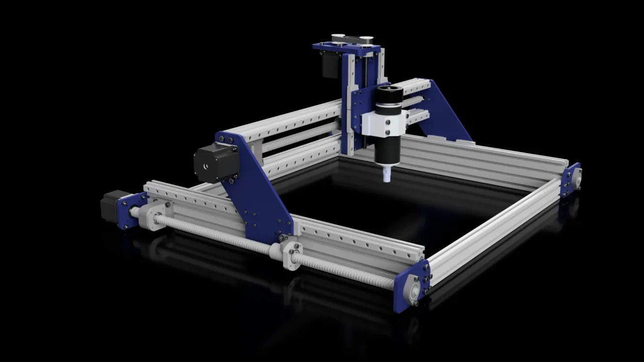 Rendu 3D du châssis de l'IndyMill sans plateau, plaques en bleu : on distingue les profilés d'aluminium, les deux vis à billes de l'axe Y, les rails linéaires du portique et l'axe vertical portant la broche.
