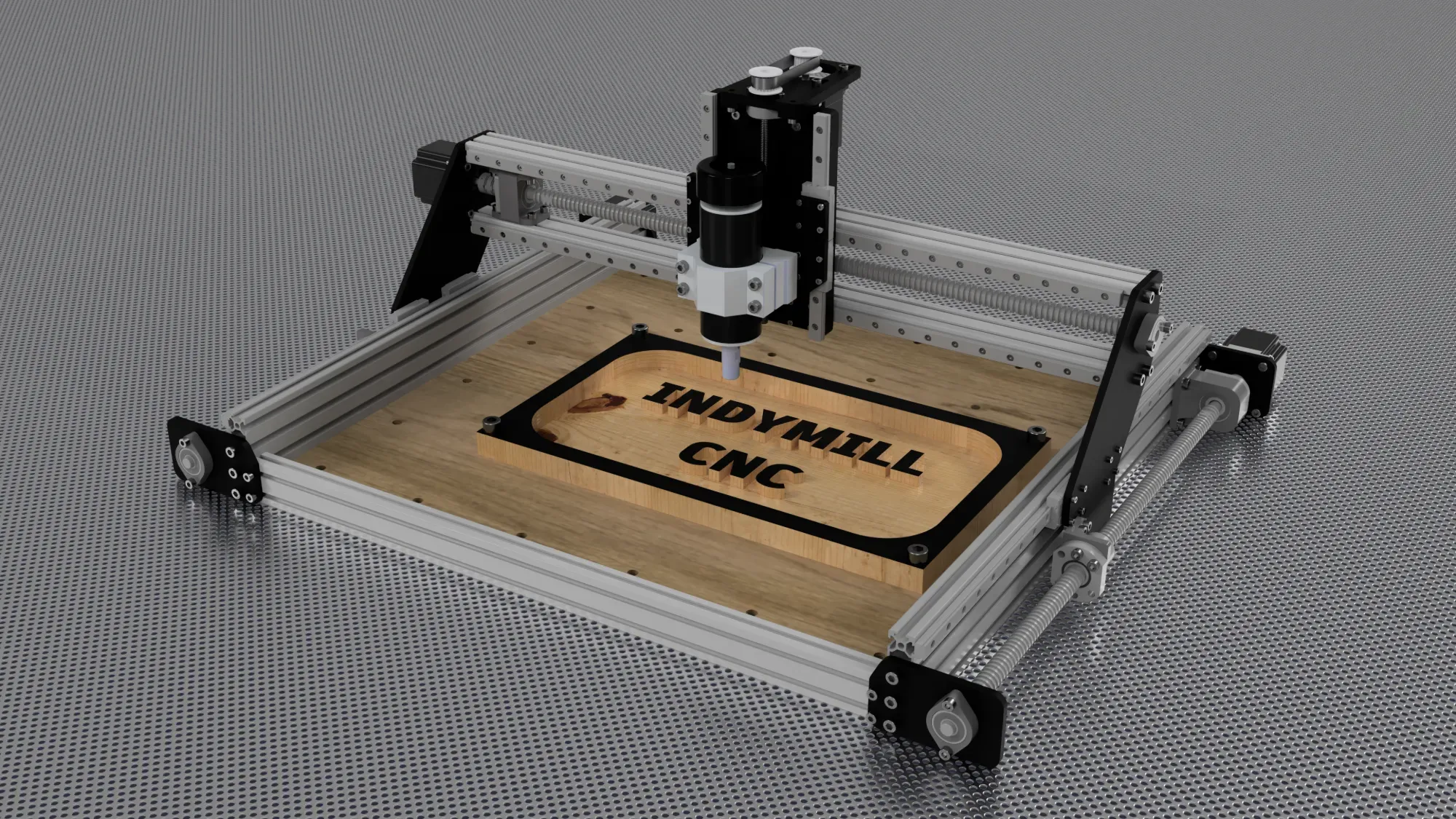 Rendu 3D d'une fraiseuse IndyMill : châssis en profilés d'aluminium, plaques noires, portique portant la broche, vis à billes sur les côtés, et sur le plateau une pièce de bois où sont fraisées en relief les lettres « INDYMILL CNC ».