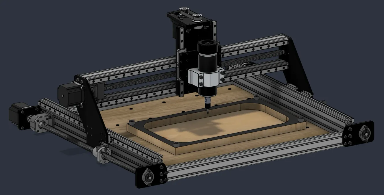 Rendu 3D de l'IndyMill vue de trois quarts : la fraise descend dans une poche rectangulaire aux coins arrondis, creusée dans une planche fixée sur le plateau.
